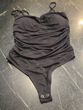 Expreas  Silky Black Ruched Bodysuit With Padded Bra Size Small EUC